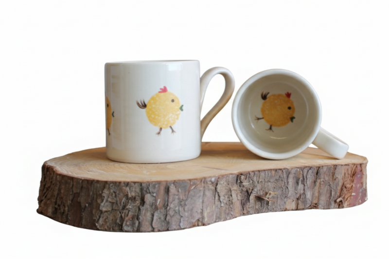Stable Door Pottery two handmade ceramic mugs with hand-painted chickens on a wooden surface