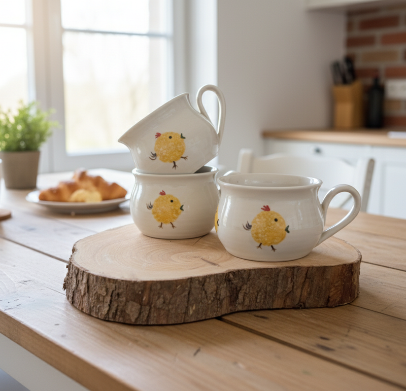 Set of white ceramic mugs with chicken designs on a wooden surface in a kitchen.
